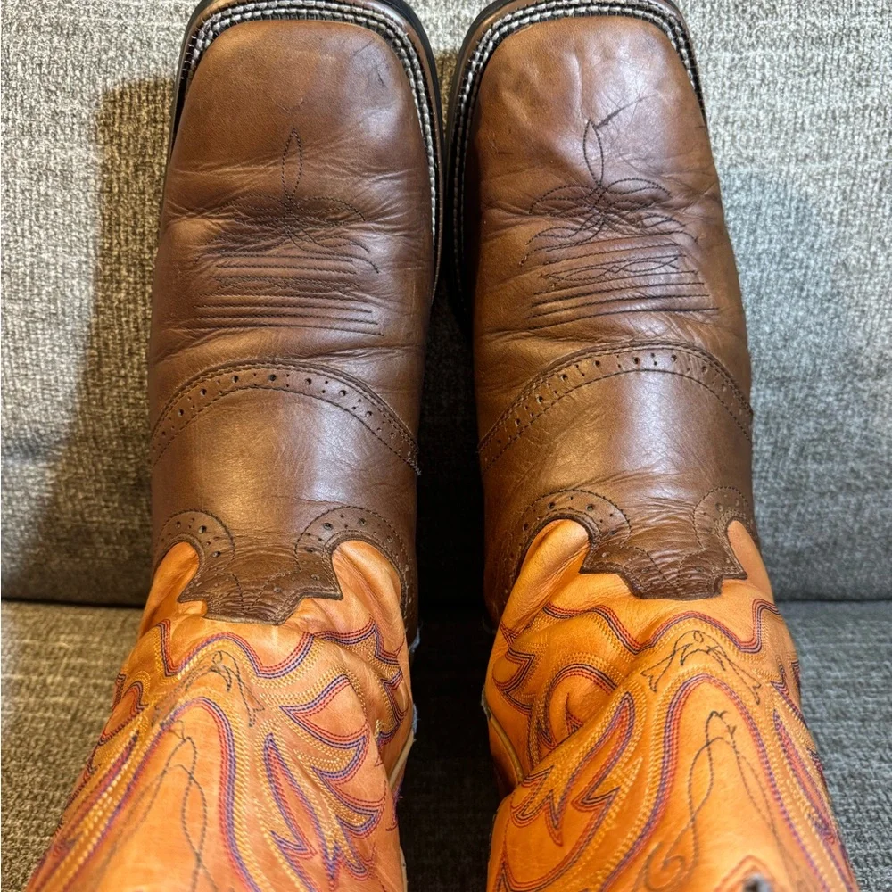 Justin Square Toe Men's Brown & Orange Western Cowboy Boots Size 12D - Picture 6 of 12
